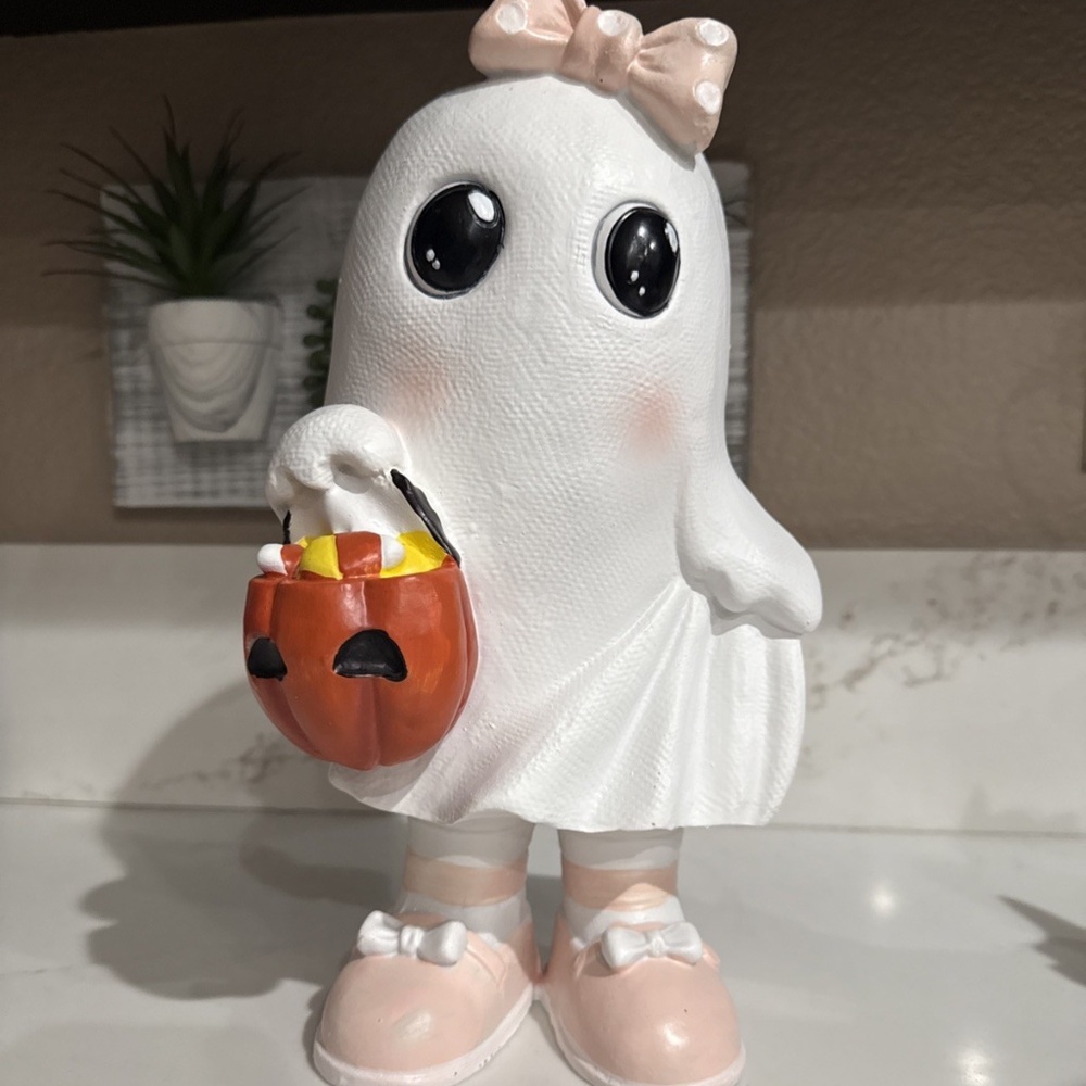 Girl Ghost with Pastel Pink Shoes and Bow 13” Figurine Halloween Decor NEW